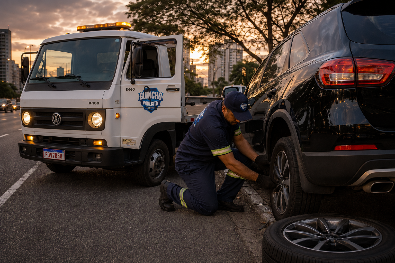 Troca de pneus em atendimento de emergência