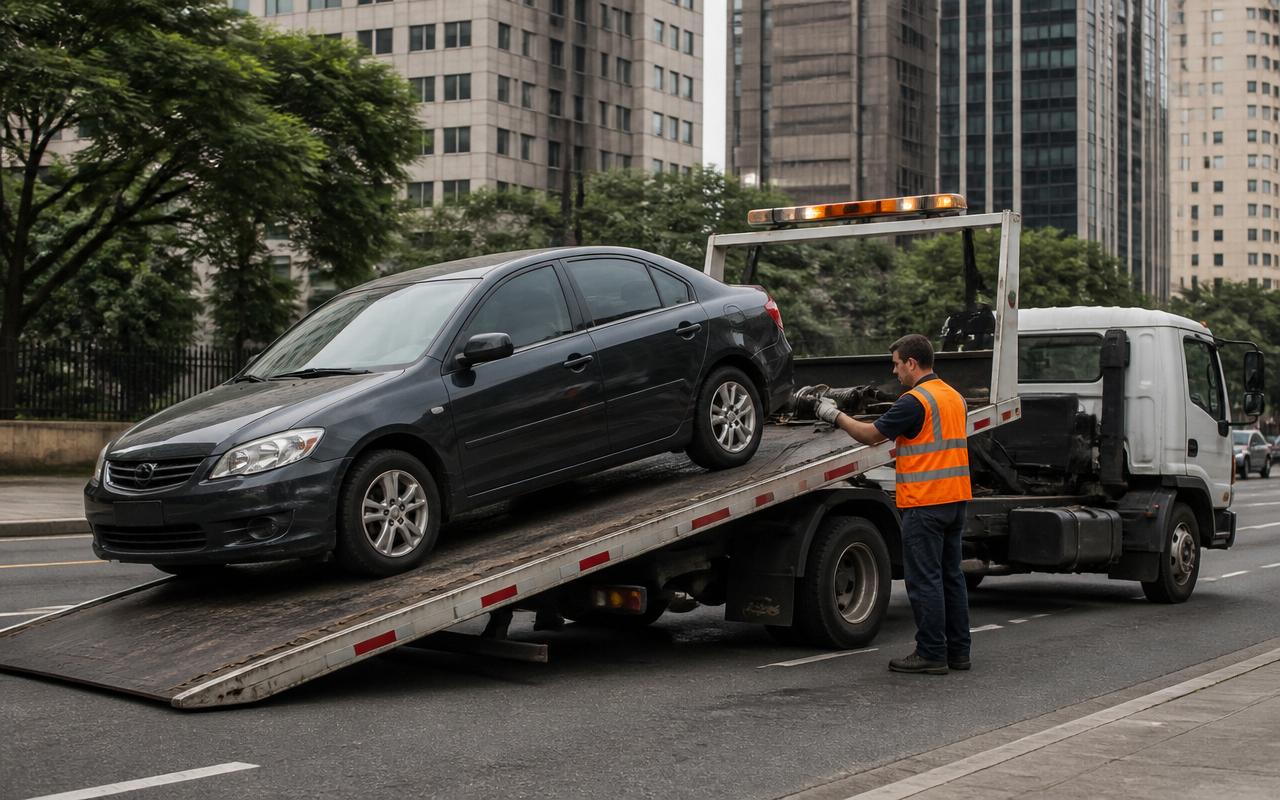 Veículo com colisão leve sendo carregado em caminhão plataforma em São Paulo