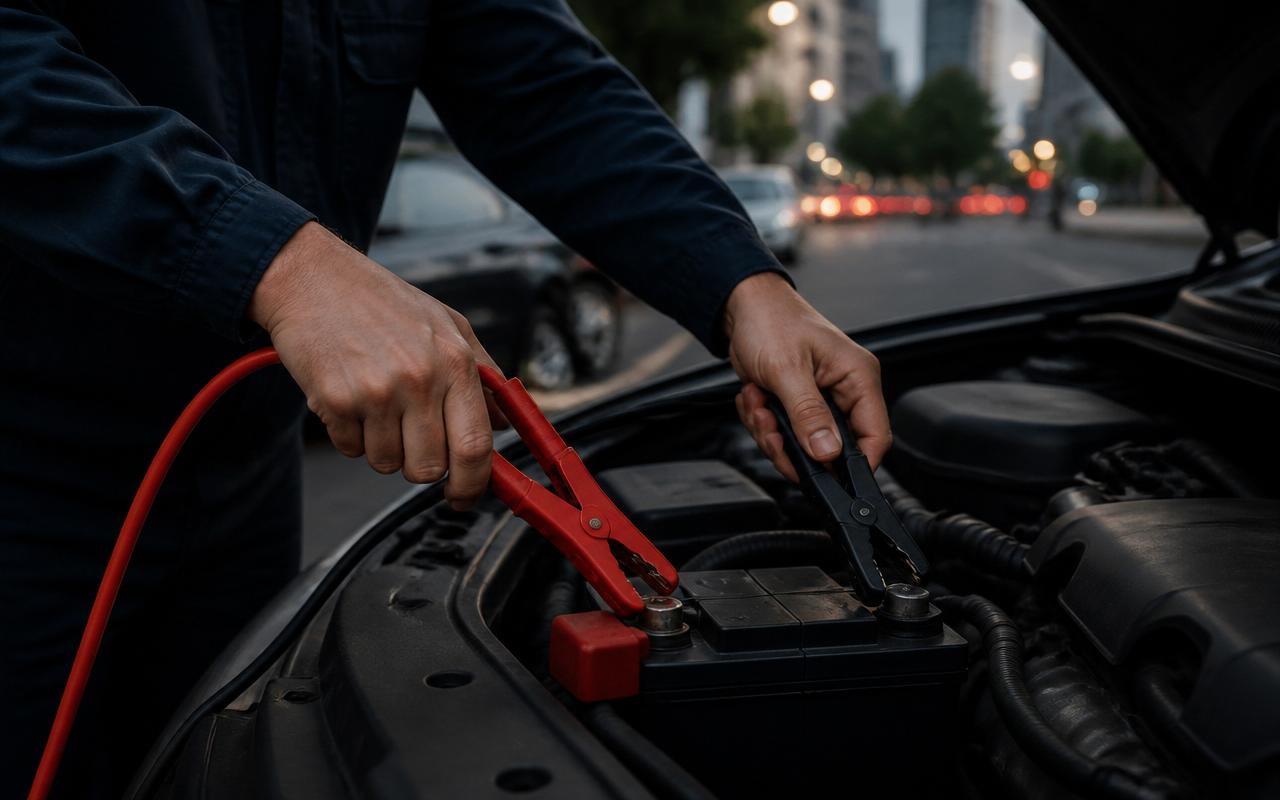Técnico realizando carga de bateria com cabos profissionais em veículo