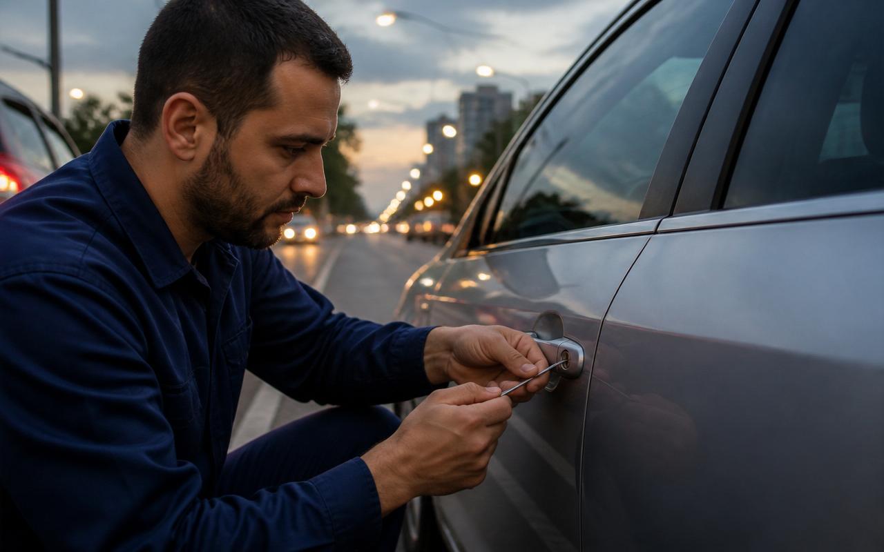 Chaveiro automotivo destravando porta de veículo em atendimento emergencial