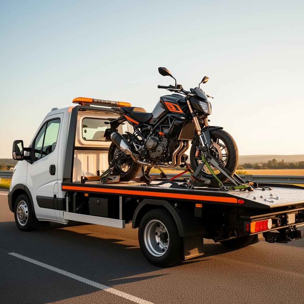 Motocicleta transportada em caminhão prancha com visual premium